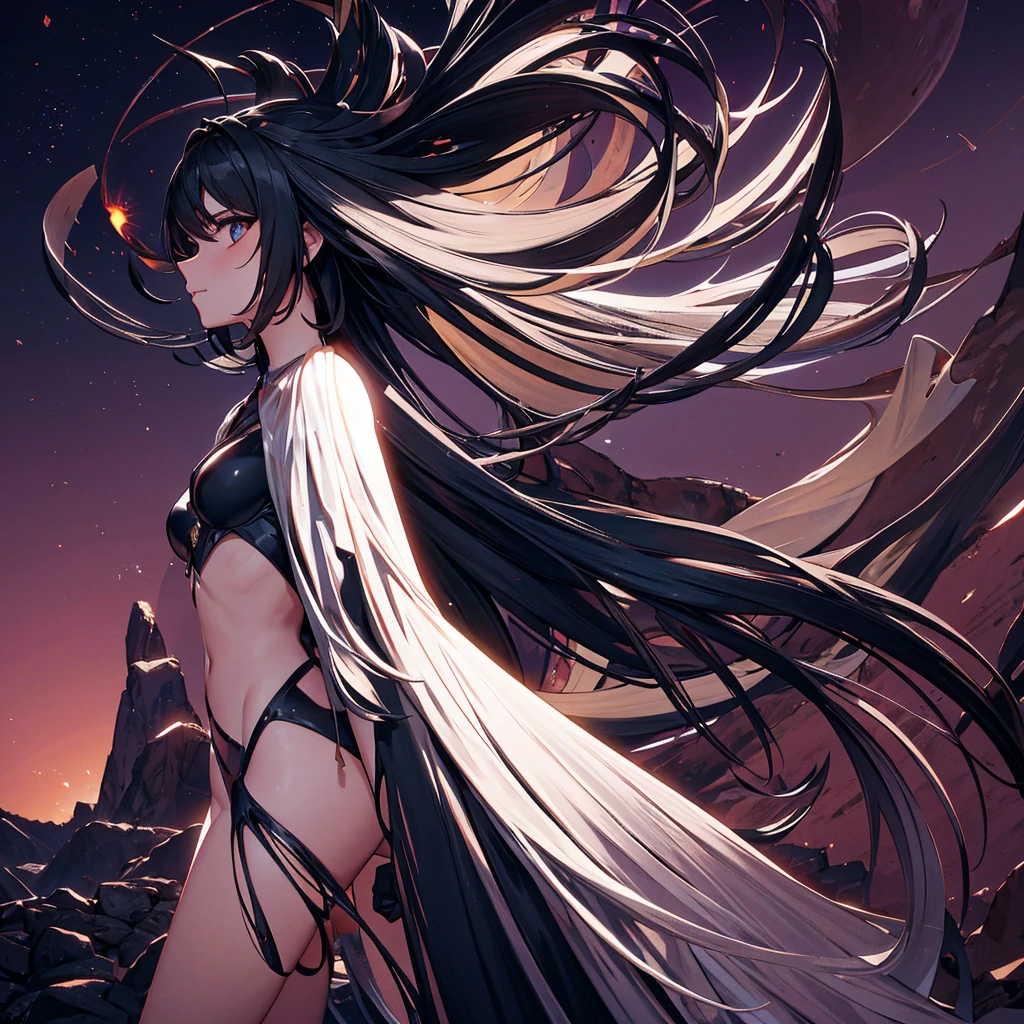 A black angel in the middle of the desert, during an eclipse, character in the center of the image
