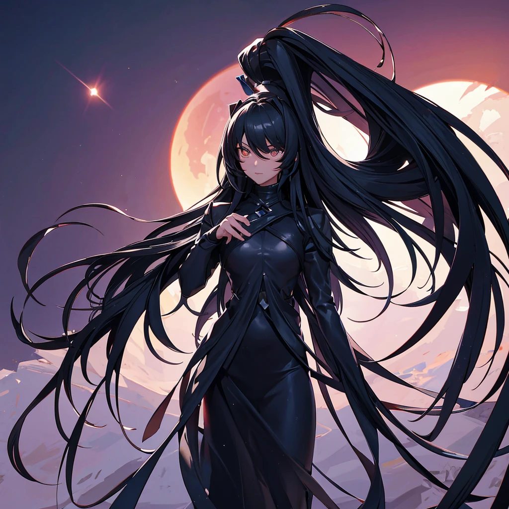 A black angel in the middle of the desert, during an eclipse, character in the center of the image