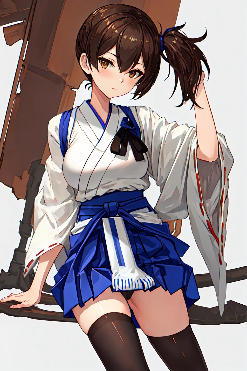 best quality, masterpiece, highres, solo, {kaga_kantaicollection:1.15}, brown_hair, side_ponytail, brown_eyes, short_hair, breasts, long_hair, 1girl, hakama, hakama_skirt, japanese_clothes, skirt, tasuki, hakama_short_skirt, blue_hakama, looking_at_viewer, muneate, simple_background, black_thighhighs, large_breasts, sitting, thighhighs