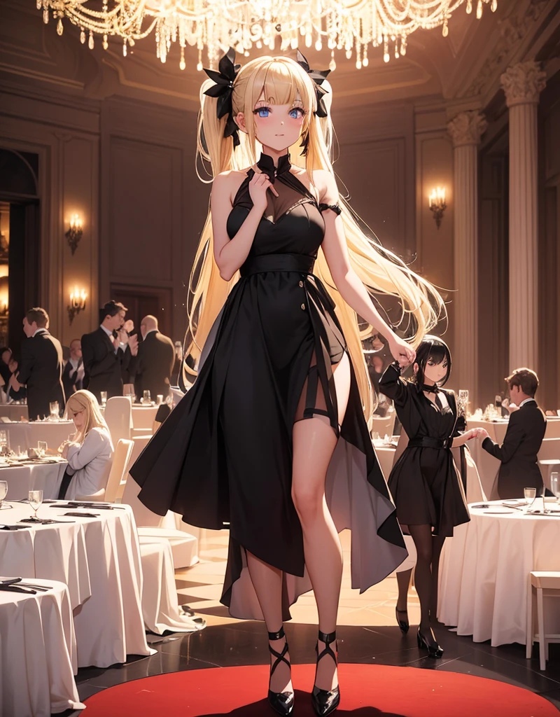 an adult girl, She has two pigtails falling over her shoulders, decorated with black ribbons, SHE HAS BLONDE HAIR, blue eyes and a very elegant and very long black dress for a gala dinner with a cut that allows her to show her leg, wears beautiful evening makeup, next to another girl with loose black hair and straight bangs, eyes and dress of a stunning red, dancing together in the middle of a gala dinner, full body image 