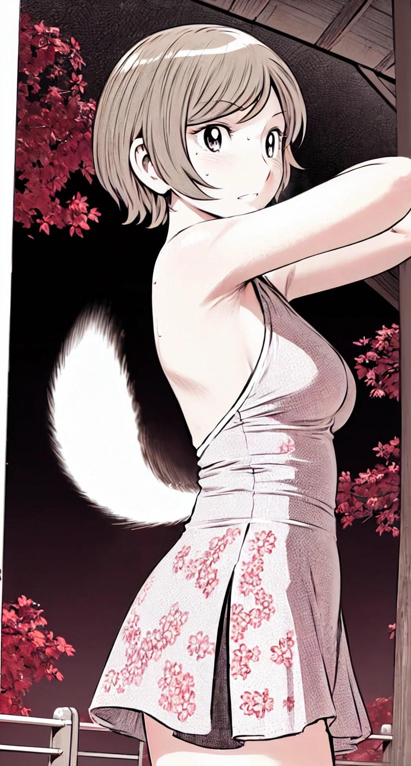、(masterpiece、Highest quality)、Highest quality, Ultra-high resolution, (((masterpiece))), alone, Sweat、Big eyes, Please show me your armpits, No sleeve、Outdoor、Floral dress、Composition from the front、(Cut the back hair short、short hair、blonde、woman)、Shortcuts、Embarrassed face、Cut your hair short、可愛いwomanの子、Big Breasts