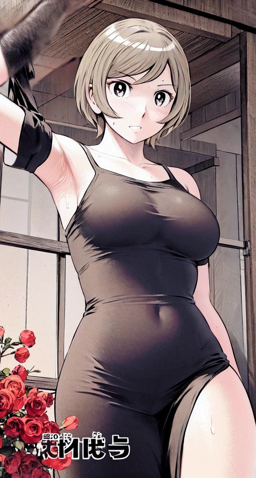 、(masterpiece、Highest quality)、Highest quality, Ultra-high resolution, (((masterpiece))), alone, Sweat、Big eyes, Please show me your armpits, No sleeve、Outdoor、Floral dress、Composition from the front、（Cut the back hair short、short hair、blonde、woman）、Shortcuts、Embarrassed face、Cut your hair short、可愛いwomanの子、Big Breasts