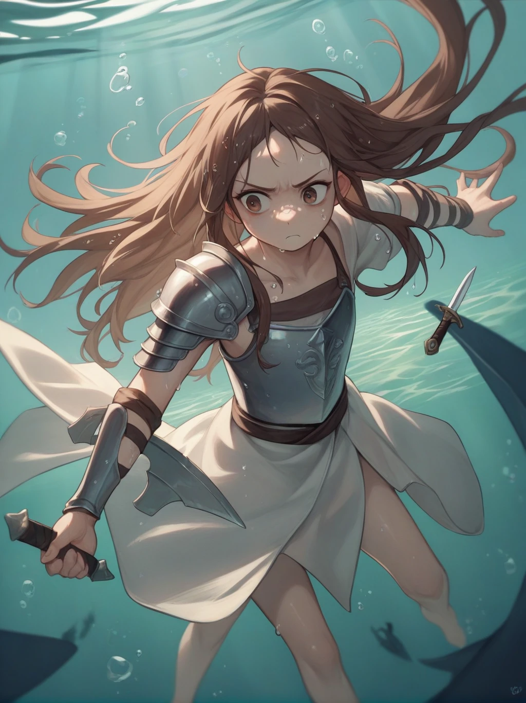 Partially underwater,最high quality,high quality, 4-year-old, , Long Hair, Brown Hair, Wet Hair, Flat Chest,Dark underground labyrinth,No light,Leather armor,Equipped with a dagger and a shield,Face above water,Body in water, Underwater Photography,The robe rolls up due to buoyancy,Painful face、Being dragged into the water、Go wild