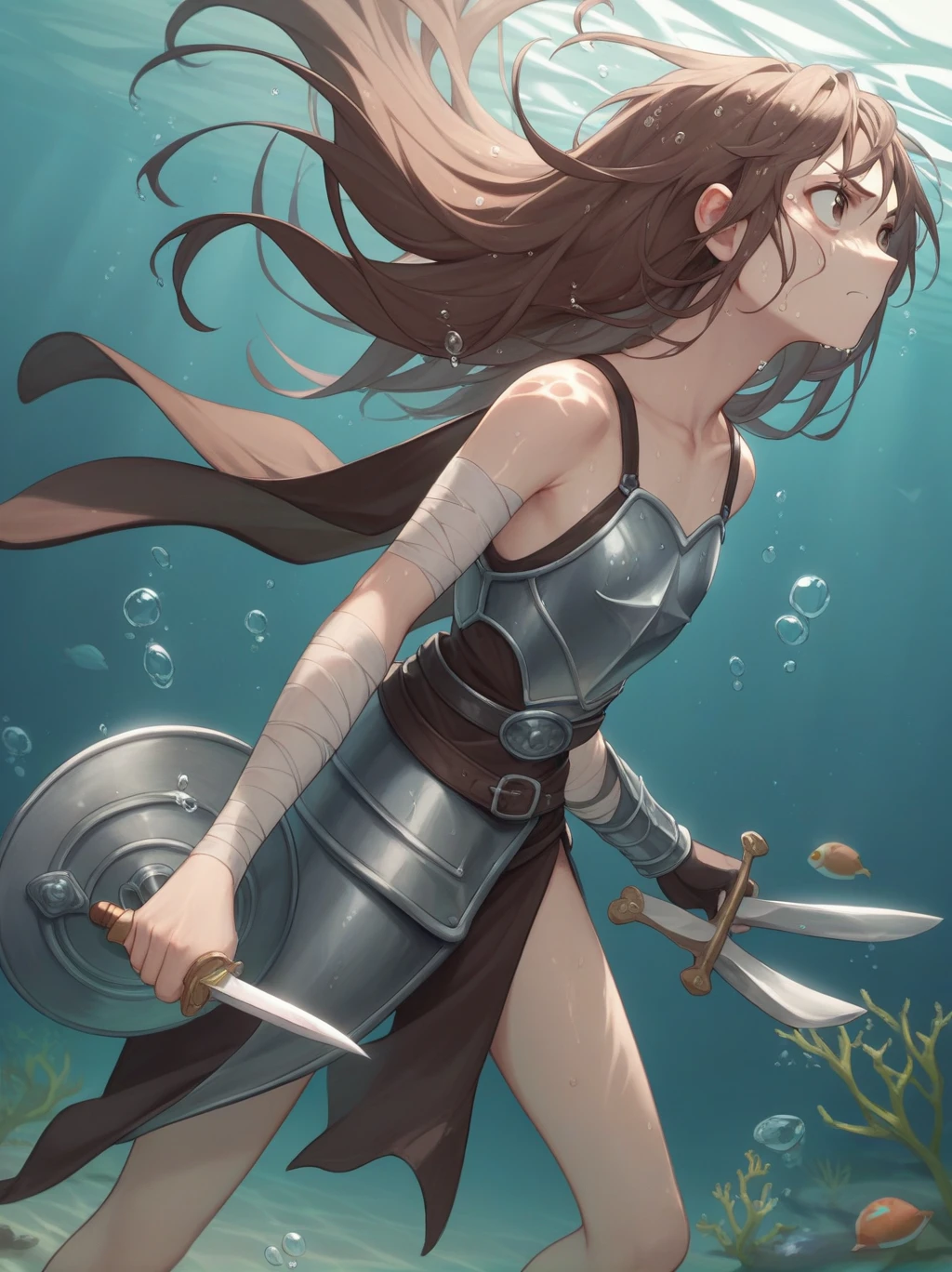 Partially underwater,最high quality,high quality, 4-year-old, , Long Hair, Brown Hair, Wet Hair, Flat Chest,Dark underground labyrinth,No light,Leather armor,Equipped with a dagger and a shield,Face above water,Body in water, Underwater Photography,The robe rolls up due to buoyancy,Painful face、Being dragged into the water、Go wild