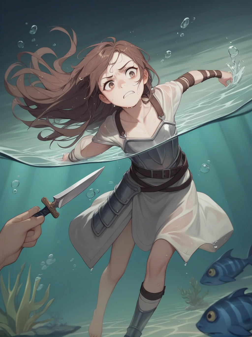 Partially underwater,最high quality,high quality, 4-year-old, , Long Hair, Brown Hair, Wet Hair, Flat Chest,Dark underground labyrinth,No light,Leather armor,Equipped with a dagger and a shield,Face above water,Body in water, Underwater Photography,The robe rolls up due to buoyancy,Painful face、Being dragged into the water、Go wild