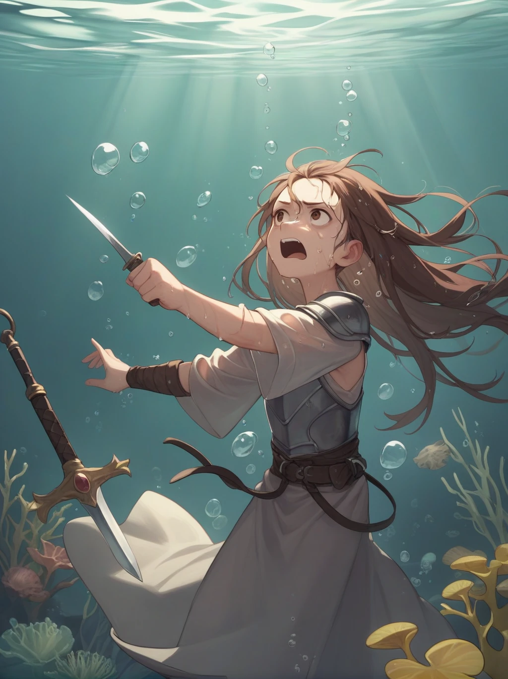 Partially underwater,最high quality,high quality, 4-year-old, , Long Hair, Brown Hair, Wet Hair, Flat Chest,Dark underground labyrinth,No light,Leather armor,Equipped with a dagger and a shield,Face above water,Body in water, Underwater Photography,The robe rolls up due to buoyancy,Painful face、Being dragged into the water、Go wild