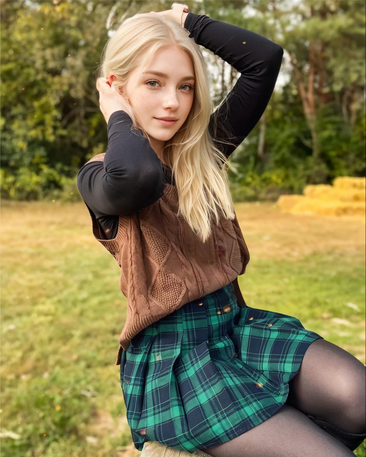 a one woman, americana, age 25, pale skin and freckles, grey-eyed, delicate nose, soft and delicate lips, distant, cabelo blondie distant e ondulado na altura da cintura, Sweet smile, face with delicate feminine facial features, Highly Rendering