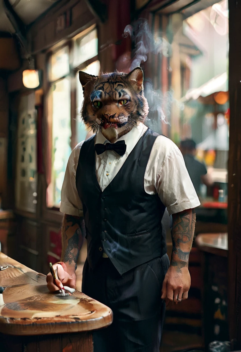 A remote mountain bar run by a wildcat monster.、A bartender smoking a cigarette under an umbrella outside the back door、Wearing a white shirt, black vest, black bow tie and black slacks、Ultra-realistic、8K、Very detailed、Dramatic lighting、Exquisite detail、Cinematic、Moody atmosphere、Dark and gritty、Sharp focus、Cinematic照明、Photorealistic、Super detailed、masterpiece、Super detailed、Extremely high quality、Realistic Textures、Accurate Details、Bright colors、Intense shadows and highlights、Moody colors、Dramatic Contrast、Cinematic構成、Professional Quality、film photography styl、perfection style