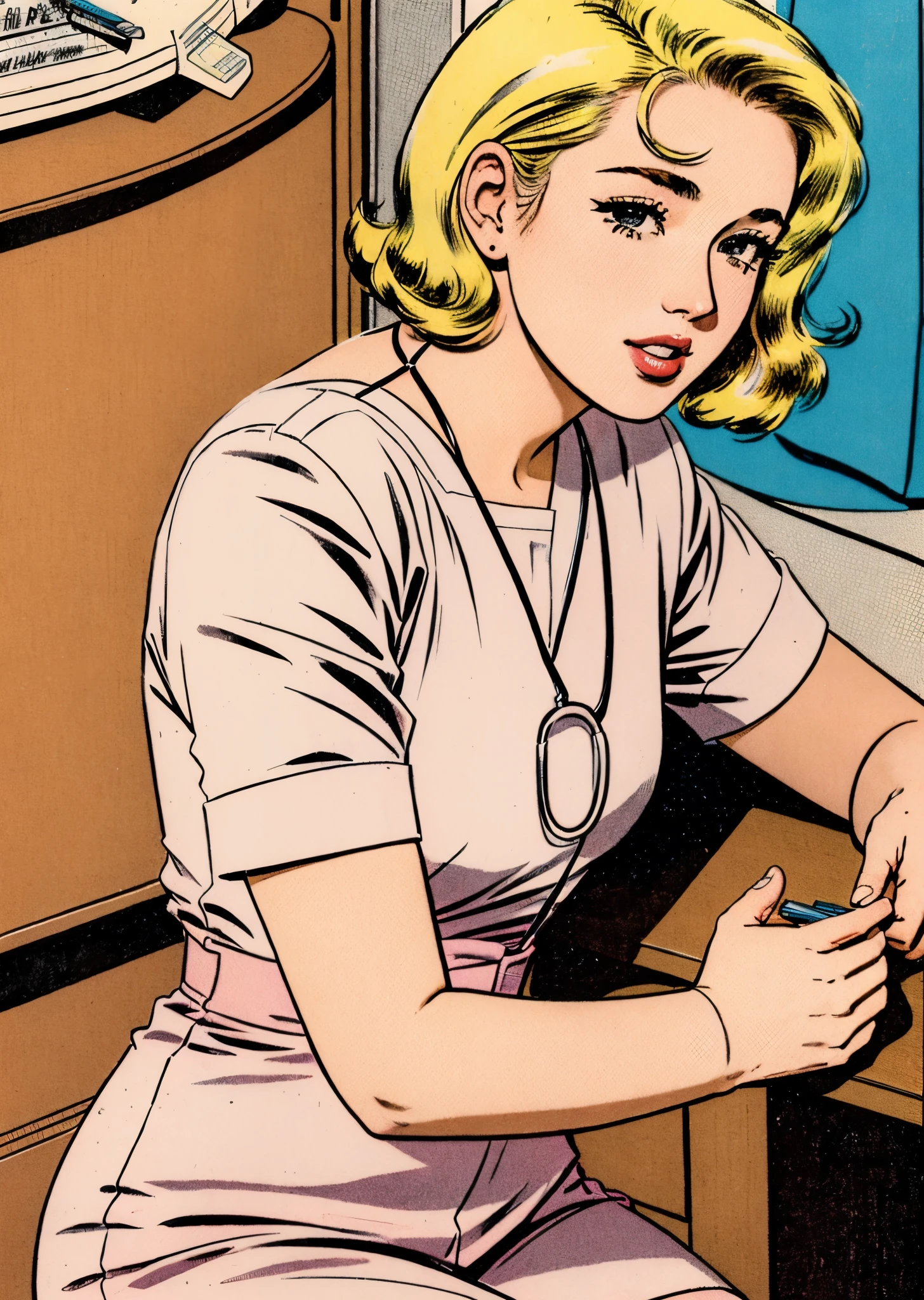 kirbywood, comics, drawing, vintage color comics of a nurse,  vintage dirt, dirt of aging, blonde hair, [cybsheph | kristen], working in a hospital,  