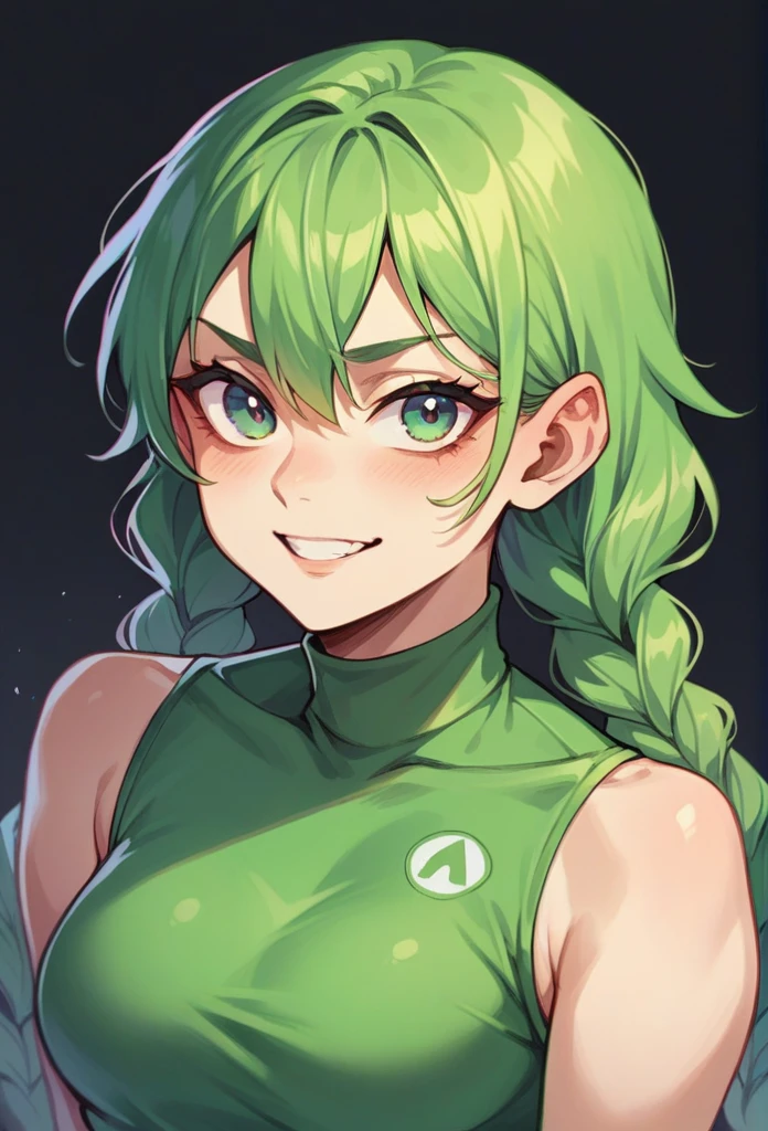 Free fire gamer style female character. With hair with two braids. In a green outfit with black background