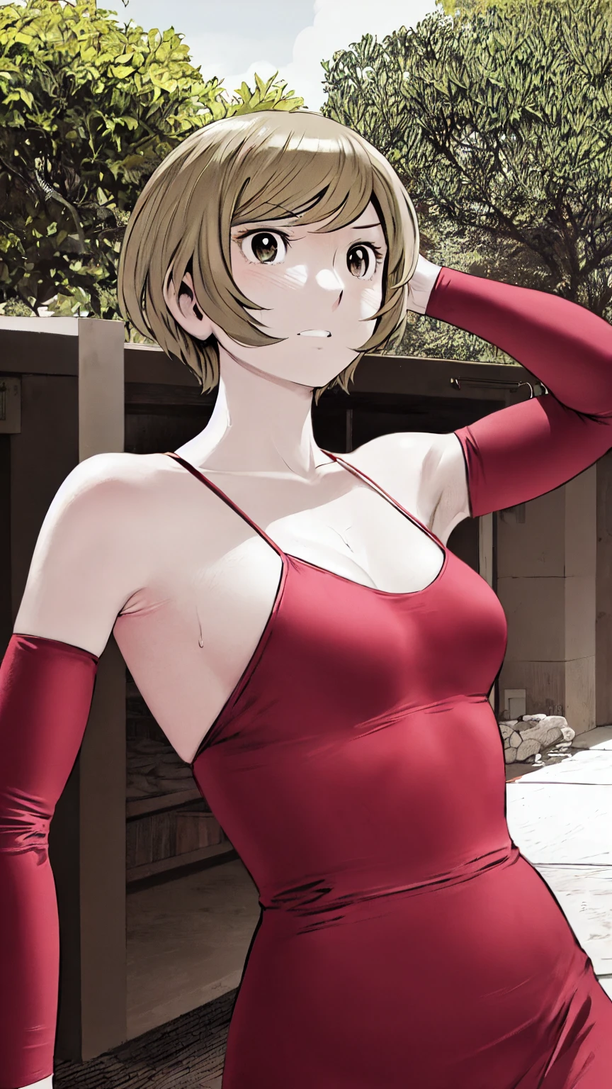 、(masterpiece、Highest quality)、Highest quality, Ultra-high resolution, (((masterpiece))), alone, Sweat、Big eyes, Please show me your armpits, No sleeve、Outdoor、Floral dress、Composition from the front、(Cut the back hair short、short hair、blonde、woman)、Shortcuts、Embarrassed face、Cut your hair short、可愛いwomanの子、Big Breasts