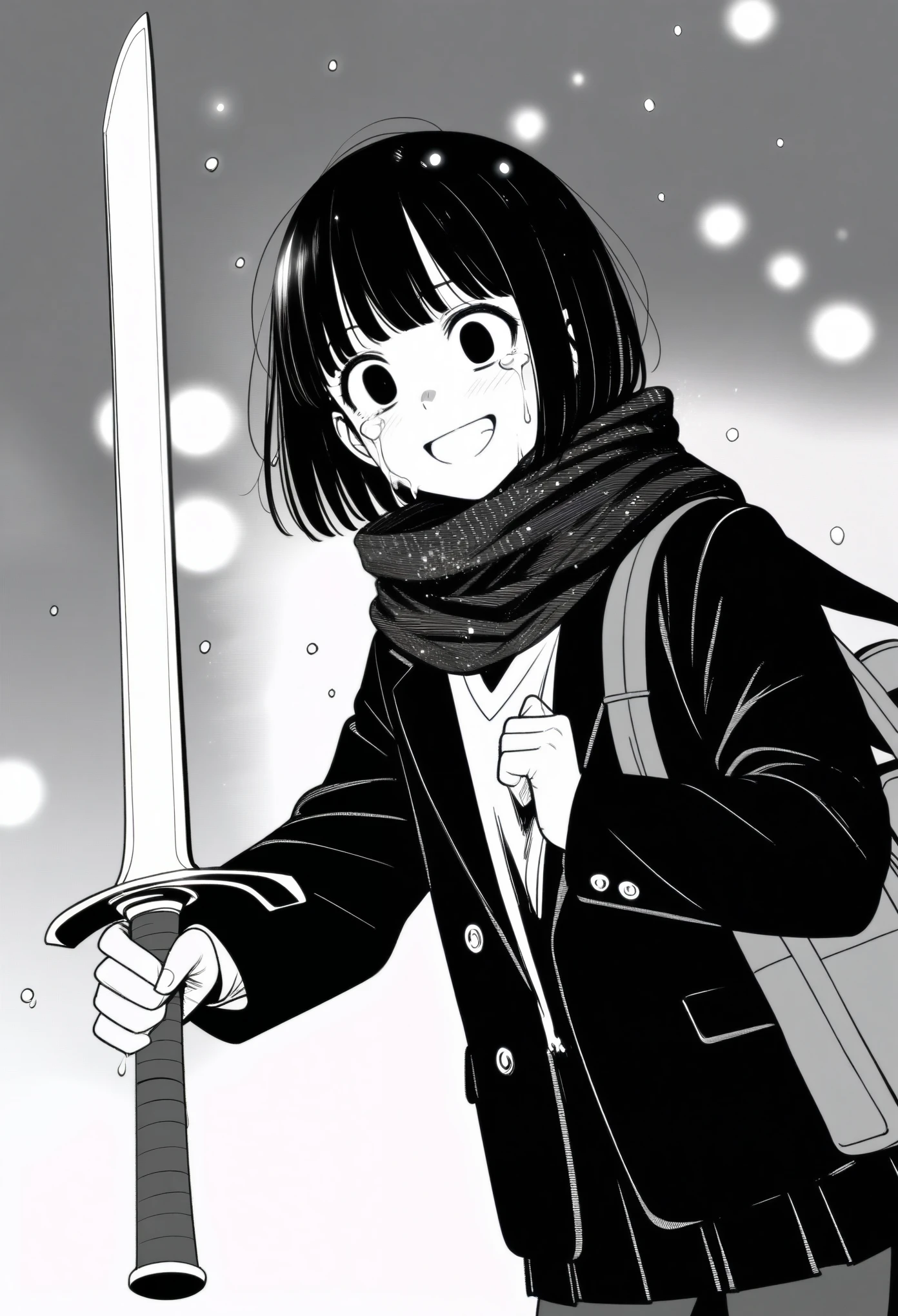masterpiece, best quality, 1girl, mamerakkkkko, grayscale, manga style, japanese, chi no wadachi, black eyes, street, iced, black hair, schoolbag, smile, lineart, black coat, black scarf, black pleated skirt, leggings, centered, 18 years old, tall, fair skinned, bokeh background, crying, tears, tears streaming, bob cut, light particles, snowing, (((holding sword:1.1, perfect hand, detailed hand:1.1)), emotional anime scene