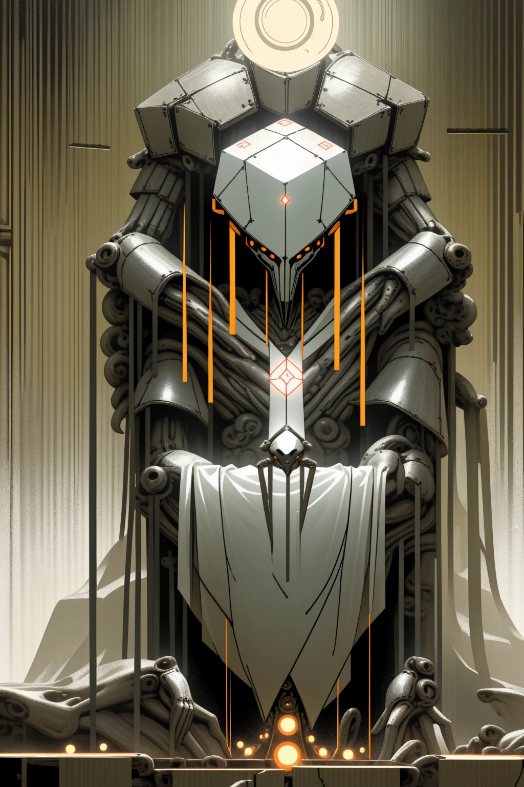 a giant robot torso connected to the ceiling, leaning forward, 6 bright white glowing eyes arranged in a hexagon, smooth metal plating covering the mechanical frame underneath, godly aura, long slender arms resting below, 