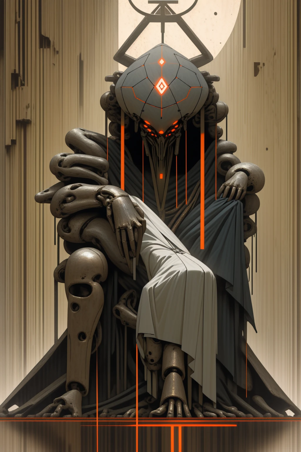 a giant robot torso connected to the ceiling, leaning forward, 6 bright white glowing eyes arranged in a hexagon, smooth metal plating covering the mechanical frame underneath, godly aura, long slender arms resting below, 