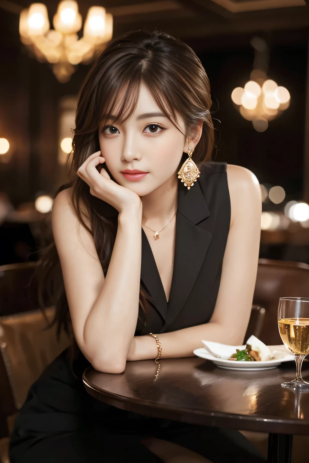 masterpiece, Highest quality, Realistic, Very detailed, Finer details, High resolution, 8k wallpaper, One beautiful woman,Wear a nice suit, In a great restaurant, At night, Light brown messy hair, Perfect dynamic composition, Beautiful and beautiful eyes、Big earrings、Sit on a chair