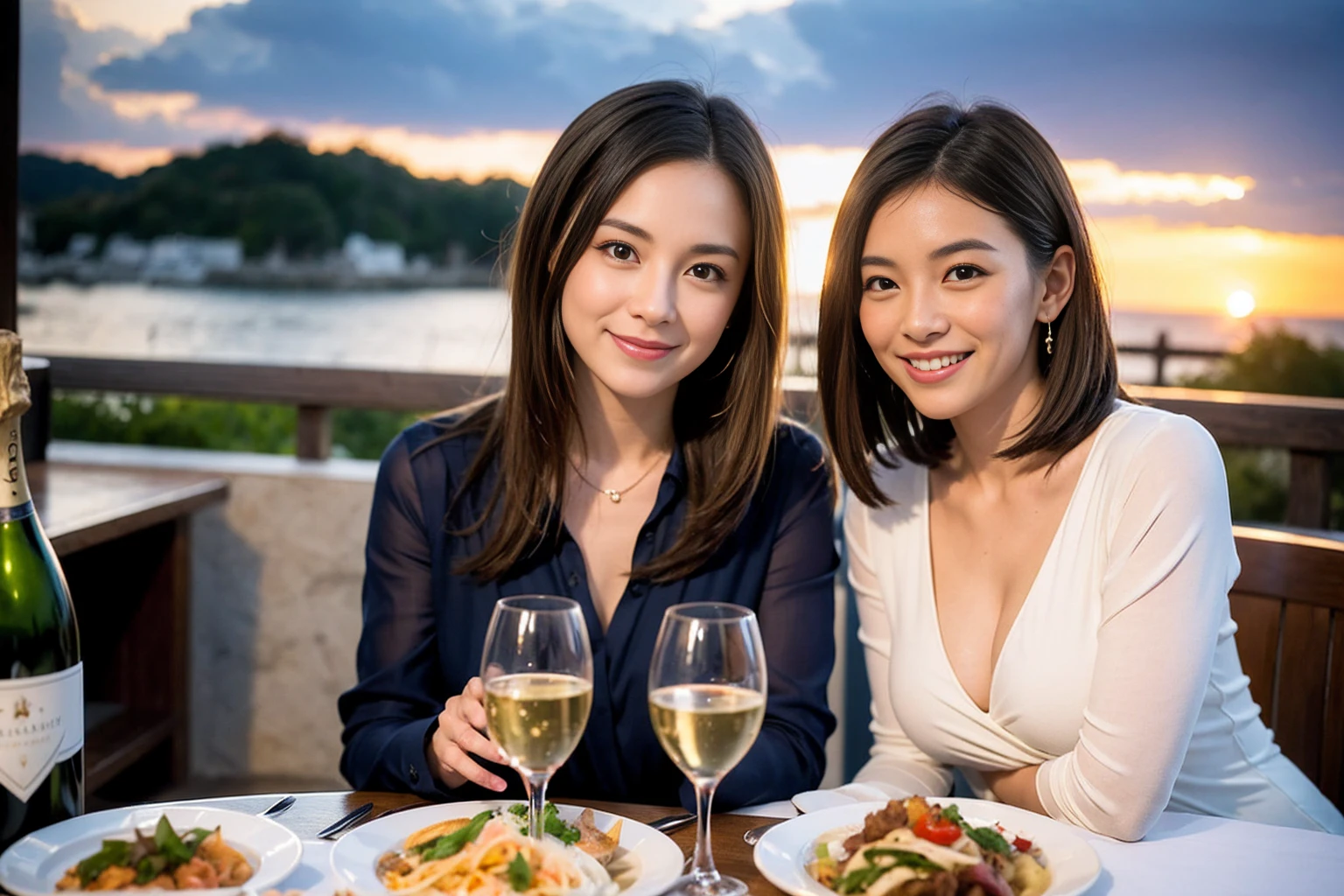 ((Highest quality、8K、masterpiece:1.3))、1 male 1 female、lover、Beautiful couple、Happy smile、full-course dinner、 (Slim face), (the body is スリム), (Brown Hair), (Shortcuts), ((Bob Hale、Straight hair:1.2)), テーブルの上のwine glass、Put the light on your face、 Amazing view of the sunset sky and clouds、The beauty of a smile、Bright image、Blushing, Shortcuts, (Age 35), 39 years old, Appetizers、Italian food、Wine bottle、Champagne、sparkling wine、Long sleeve shirt、dress、Attractive beauty、restaurant, Nova Frog Style, actress, model, Upper Body, White wine, red wine, wine glass, 