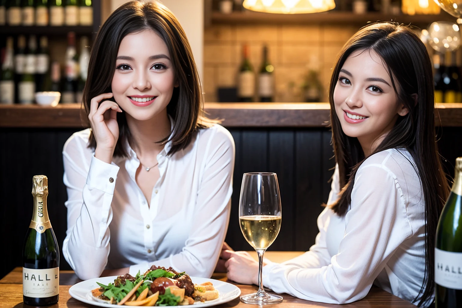 ((Highest quality、8K、masterpiece:1.3))、1 male 1 female、lover、Beautiful couple、Happy smile、full-course dinner、 (Slim face), (the body is スリム), (Brown Hair), (Shortcuts), ((Bob Hale、Straight hair:1.2)), テーブルの上のwine glass、Put the light on your face、 Amazing view of the sunset sky and clouds、The beauty of a smile、Bright image、Blushing, Shortcuts, (Age 35), 39 years old, Appetizers、Italian food、Wine bottle、Champagne、sparkling wine、Long sleeve shirt、dress、Attractive beauty、restaurant, Nova Frog Style, actress, model, Upper Body, White wine, red wine, wine glass,