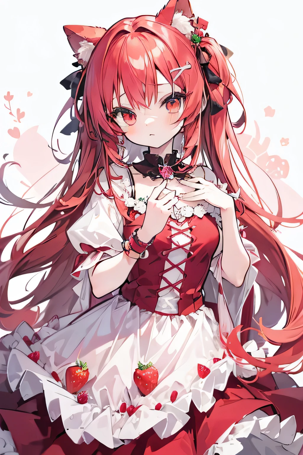 anime girl with long light red hair, brown eyes, adorable dress and accessories,masterpiece, 2D, ultra HD, something quality, pink Strawberry .