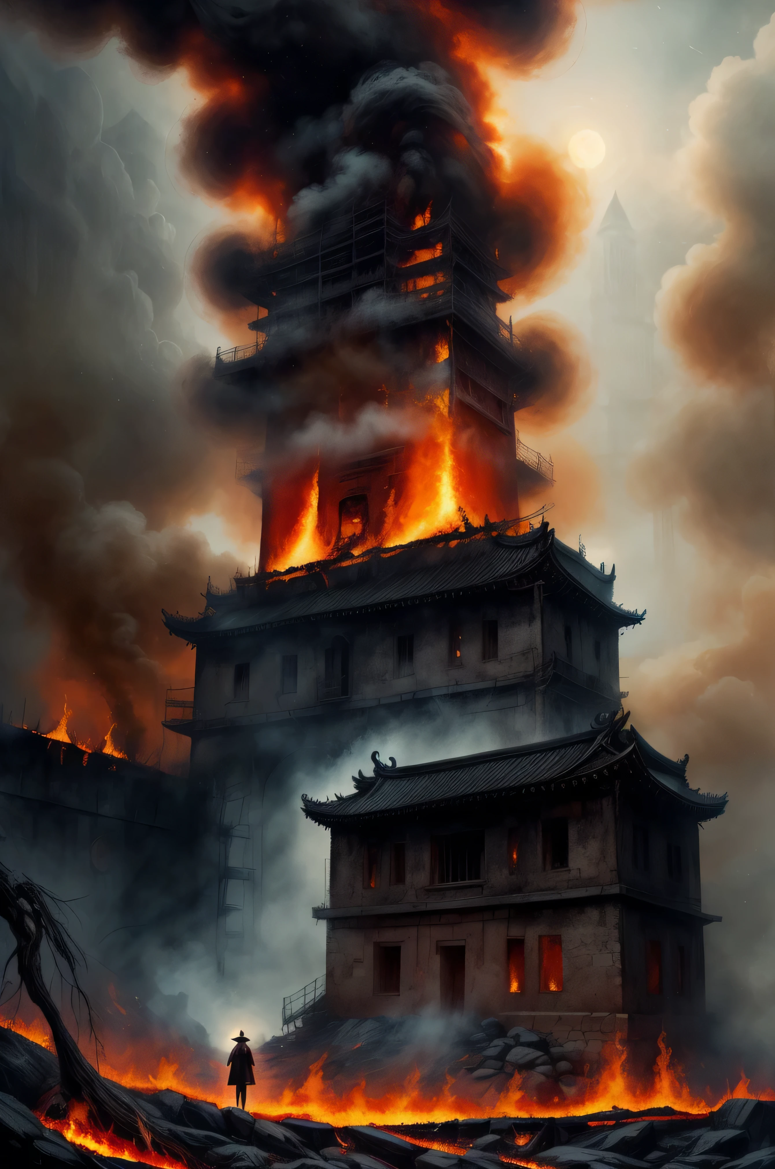 In the depths of the flames, A burning dark and mysterious tower unfolds, A figure lingers there., Lost in a mysterious dreamscape of ancient Chinese city walls: surreal