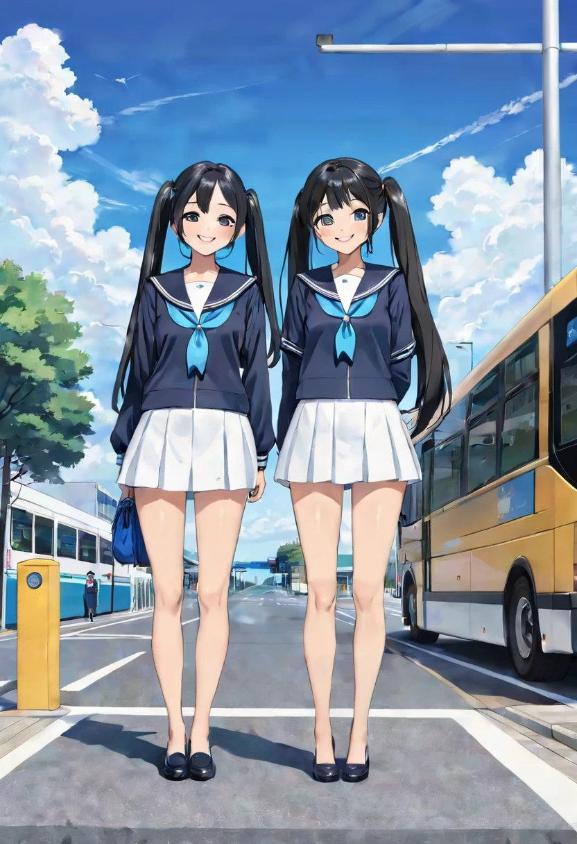 Black long hair、Two beautiful girls with twin tails、Sailor suit、Bright smile、Full Body View、Waiting for a bus at the bus stop、I can see the bus、White clouds in blue sky、Face Highlights