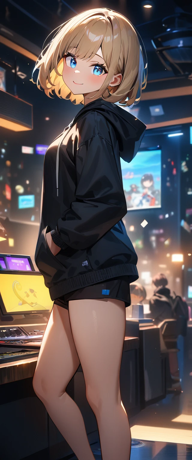 (((One girl))), Shibuya, blond hair, bob cut, ((face in focus)), (looking at viewer), breasts, ager, head tilt:1.3, (((blue eye))), constricted pupils, (from side), hand in pocket, ((happy smile)), black hoodie:1.3, black shorts:1.3, anime style, (best quality, 4k, 8k, highres, masterpiece:1.2, ultra-detailed, ultra-detailed eyes, HDR, UHD, studio lighting, ultra-fine painting, sharp focus, physically-based rendering, extreme detail description, professional, vivid colors, bokeh)