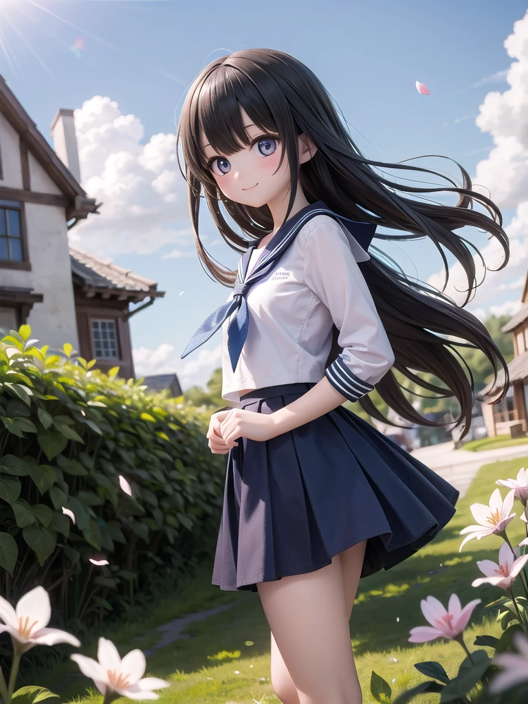 (masterpiece),  town,  blue sky,  One Girl,  smile,  alone,  Sailor suit、Long skirt,  Overgrown,  petal,  plant、Skirt lining、Translucent slip、Nostalgic、Strong winds、Skirt fluttering in the wind