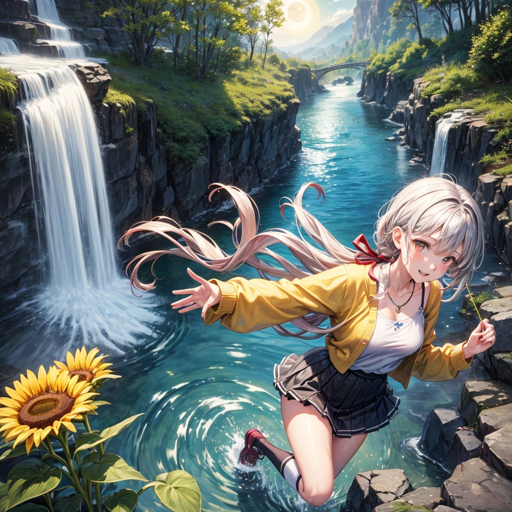 Red, brown, gold, gold hair、Golden Eyes、Hair tied up、One good looking girl、solo、anime、Checkered mini skirt、Ruffles on the skirt、camisole、Lightweight cardigan、Black knee-high socks、Wearing a baseball cap、Ribbon、Ribbon on waist、Teeth are visible、Silver coin necklace、From above、Sunflower Tunnel、Cobblestones、waterfall、Clear Stream、Have sunflowers、Midnight Moon、Winding Road、Unlocking、suspension bridge、Flying soap bubbles