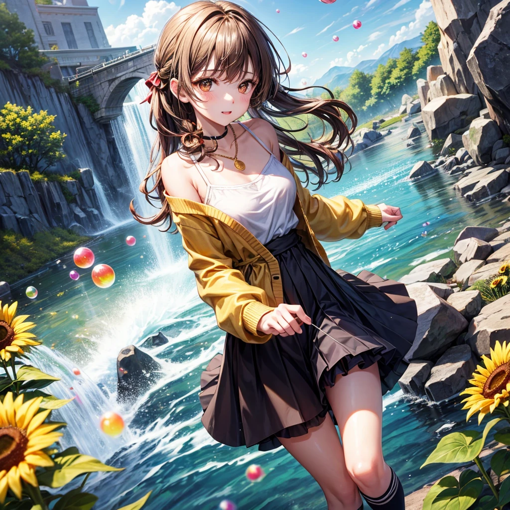 Red, brown, gold, gold hair、Golden Eyes、Hair tied up、One good looking girl、solo、anime、Checkered mini skirt、Ruffles on the skirt、camisole、Lightweight cardigan、Black knee-high socks、Wearing a baseball cap、Ribbon、Ribbon on waist、Teeth are visible、Silver coin necklace、From above、Sunflower Tunnel、Cobblestones、waterfall、Clear Stream、Have sunflowers、Midnight Moon、Winding Road、Unlocking、suspension bridge、Flying soap bubbles