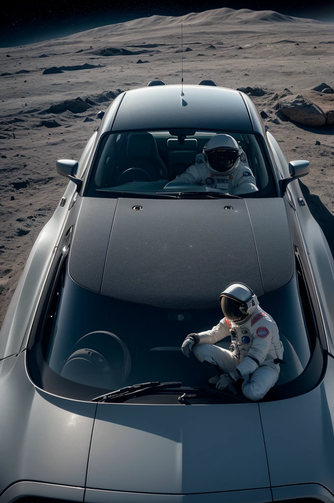 Create an astronaut sitting on the hood of a shelby glimpsing the earth, how we observe the moon from the earth