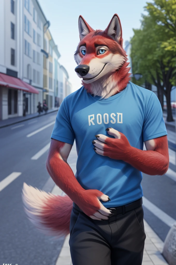 Ivan Wolfbach (Moscow),high,Beautiful,slim,24 years,wolf, red fur,high Beautiful wolf, 24 years,(red body:1.3),beautiful blue eyes,Moscow россия, t-shirt, trousers,sandals,canine, wolf, detailed fur, male, antro, paw pads, finger claws, at viewer, 5 fingers, paws, 5 fingers,day,digital photography, soft focus,good mood,photorealism, realistic, photorealistic,digital style,from close walks around the city, Very close to the camera, digital photography, smile positive, good,mood,
masterpiece, Best quality, ultra realistic, 8 k)
