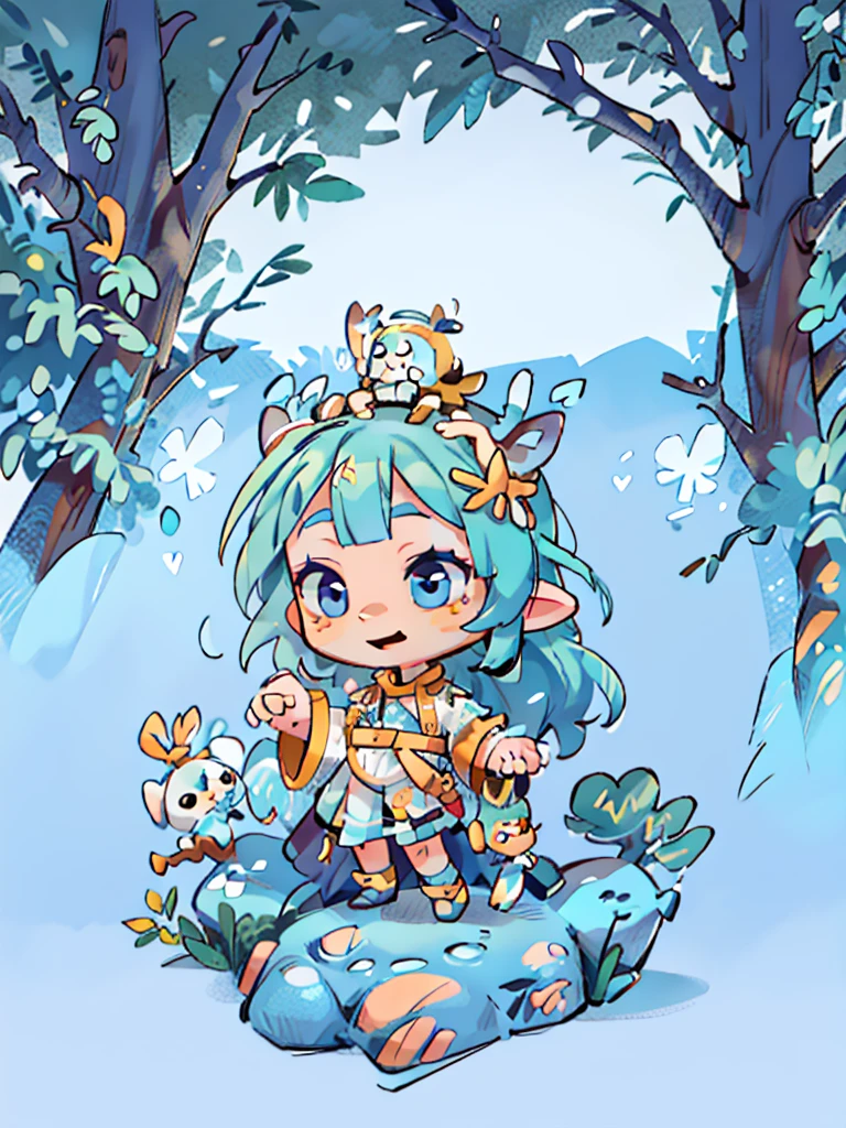 tarot, gold border, mystical forest themed, chibi, masterpiece, best quality, extremely detailed, detailed background, detailed face, 1girl, full-body, solo, pale skin, LONG blue hair which each strands were being lifted up by butterflies, deer ears, white deer horns, happy expression, white dress, blue flower, good finger, perfect face, intricate details