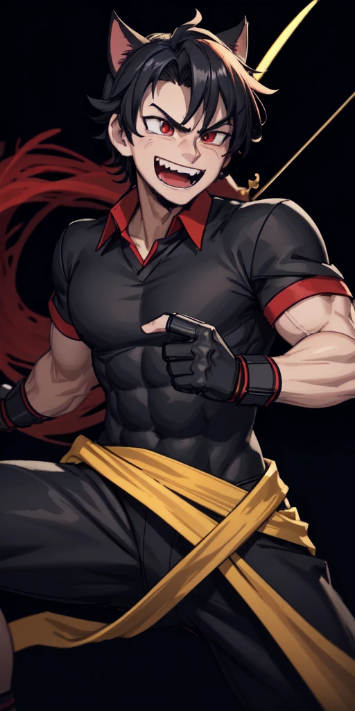 Male, guy, dude, cunning, muscular, masculine, simple background, uniform, brown and black uniform, excited, fighting stance, high quality, simple background, smiling, sharp eyes, dark red eyes, deep blue hair, fighting position, forked tongue, slit eyes, cat-like eyes