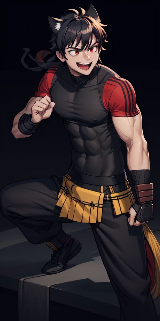 Male, guy, dude, cunning, muscular, masculine, simple background, uniform, brown and black uniform, excited, fighting stance, high quality, simple background, smiling, sharp eyes, dark red eyes, deep blue hair, fighting position, forked tongue, slit eyes, cat-like eyes