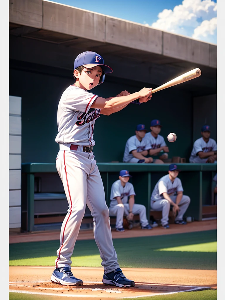 Highest quality,Highest Resolution,Game at the baseball stadium,Boy playing baseball,strike,A large audience,Batter Box,
