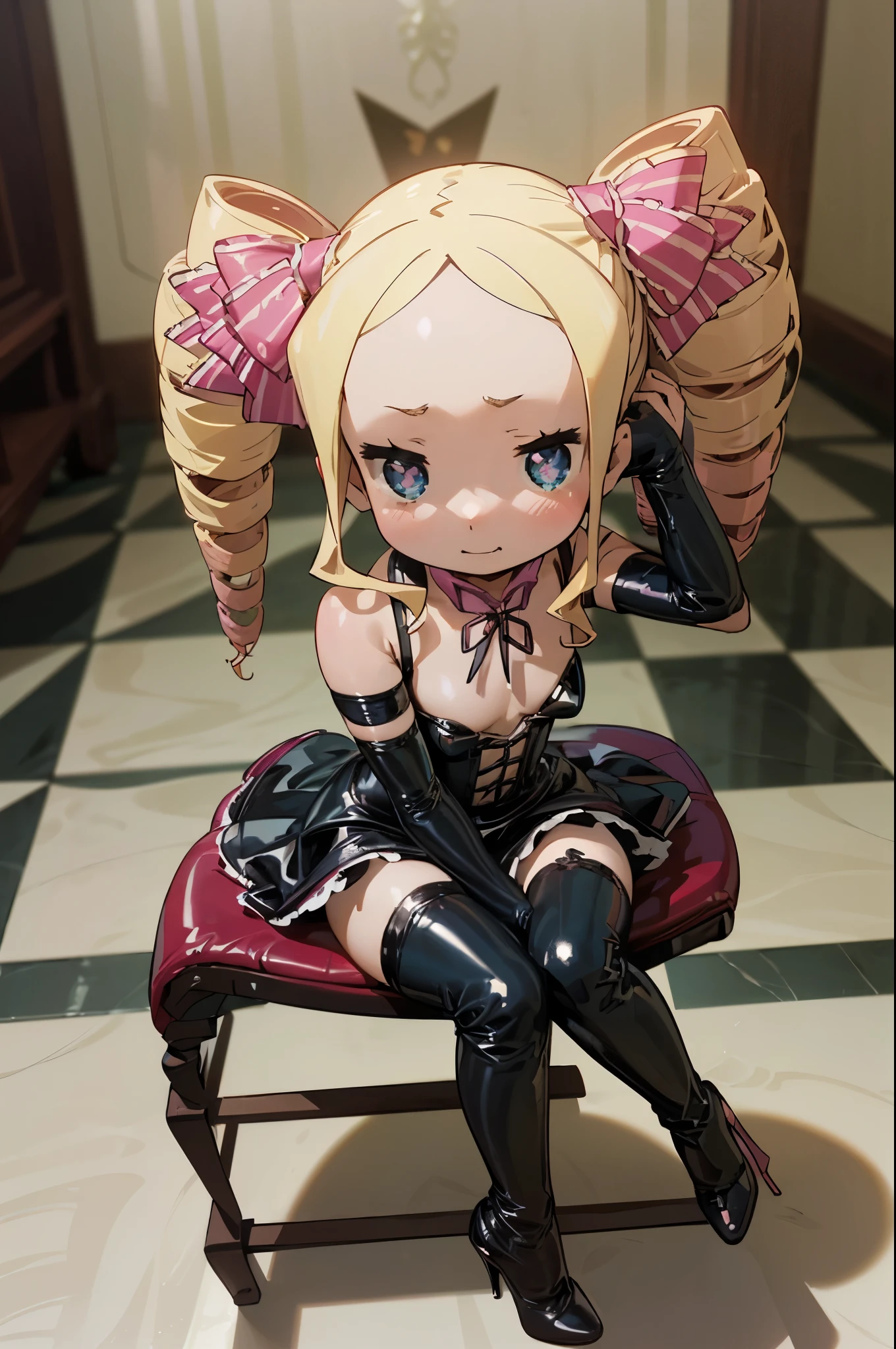 Yankee sitting、Poop sitting、(((open legs:1.4 )))、(((Wide-open legsでしゃがむ)))、(((Squat with your legs spread in an M-shape)))、(((chibi:1.4)))、(((Lori:1.4)))、(((Child body type:1.4)))、(((low length:1.4 )))、(((3 heads:1.4)))、Slightly chubby、BDSM、Queen、mistress、(((One girl)))、solo:1.8、(((Black latex elbow gloves:1.4 )))、(((Black latex corset dress:1.4)))、(((The corset dress is decorated with beautiful lace.)))、(((Corset dress with shoulder straps)))、(((Black latex tight mini skirt:1.4)))、(((Black Thigh Boots)))、(((Black fishnet stockings:1.2 )))、(((Stiletto heels:1.4)))、(((Black latex panties)))、(((Black latex bra)))、(((Black leather collar)))、(((Sexy pose:1.4 )))、Wide-open legs:1.2、(((Erotic)))、(((Cowboy Shot)))、(((Pixel Perfect, Perfect in every detail))), alone, One Girl,  Beatrice, Blonde twin tails、Drill Hair、Gazing at the audience, Mouth closed、Wicked Smile、Cold Stare、blush