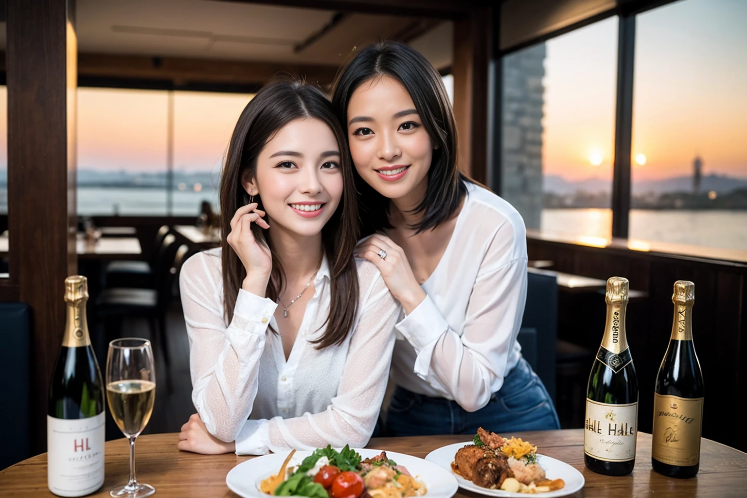 ((Highest quality、8K、masterpiece:1.3))、1 male 1 female、lover、Beautiful couple、Happy smile、full-course dinner、 (Slim face), (the body is スリム), (Brown Hair), (Shortcuts), ((Bob Hale、Straight hair:1.2)), テーブルの上のwine glass、Put the light on your face、 Amazing view of the sunset sky and clouds、The beauty of a smile、Bright image、Blushing, Shortcuts, (Age 35), 39 years old, Appetizers、Italian food、Wine bottle、Champagne、sparkling wine、Long sleeve shirt、dress、Attractive beauty、restaurant, Nova Frog Style, actress, model, Upper Body, White wine, red wine, wine glass, 