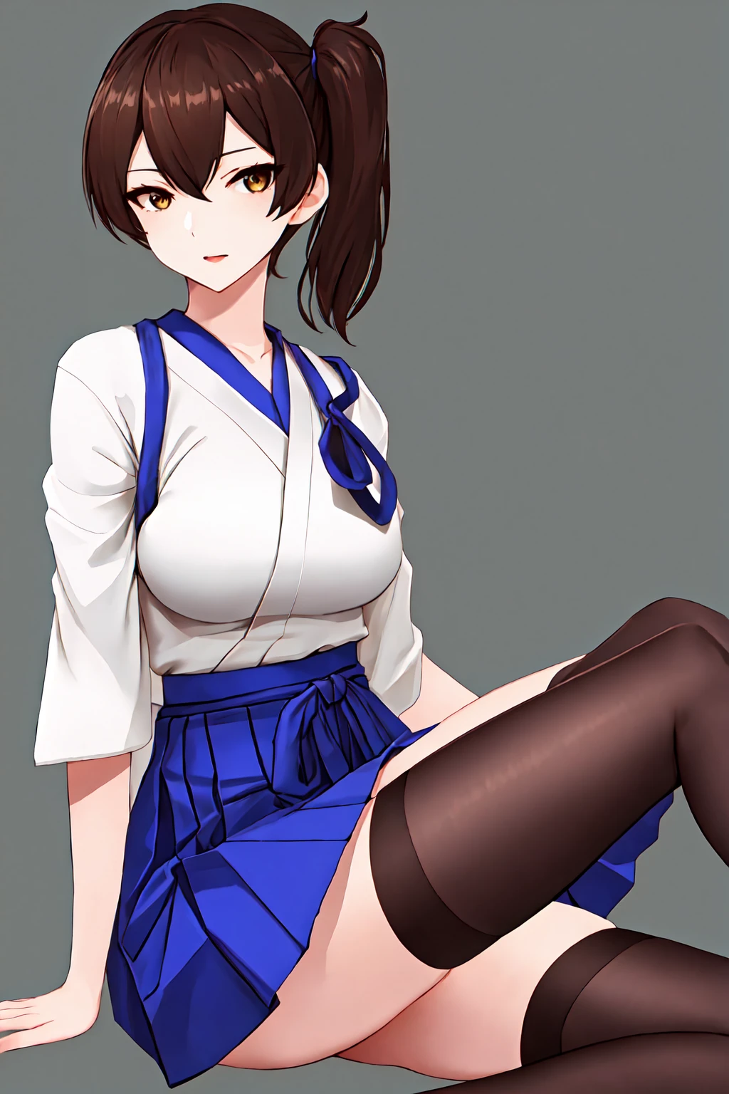 best quality, masterpiece, highres, solo, {kaga_kantaicollection:1.15}, brown_hair, side_ponytail, brown_eyes, short_hair, breasts, long_hair, 1girl, hakama, hakama_skirt, japanese_clothes, skirt, tasuki, hakama_short_skirt, blue_hakama, looking_at_viewer, muneate, simple_background, Sexy. black_thighhighs, large_breasts, sitting, thighhighs