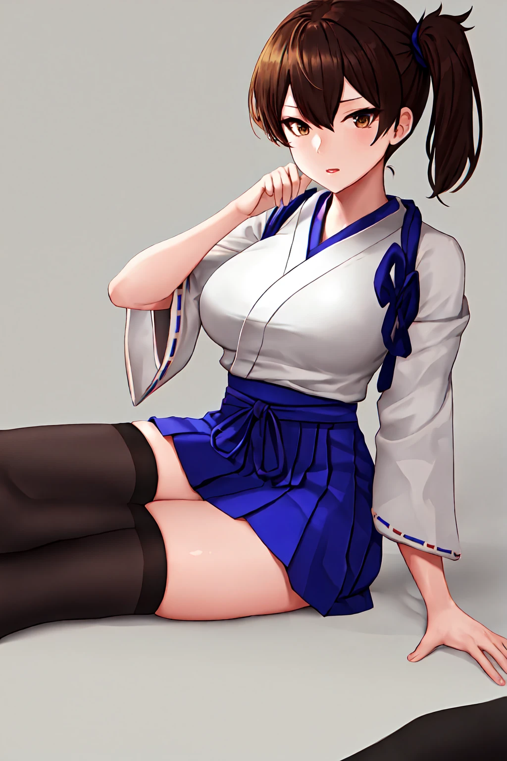 best quality, masterpiece, highres, solo, {kaga_kantaicollection:1.15}, brown_hair, side_ponytail, brown_eyes, short_hair, breasts, long_hair, 1girl, hakama, hakama_skirt, japanese_clothes, skirt, tasuki, hakama_short_skirt, blue_hakama, looking_at_viewer, muneate, simple_background, Sexy. black_thighhighs, large_breasts, sitting, thighhighs (touch pussy)(show off nipples under white hakama, )