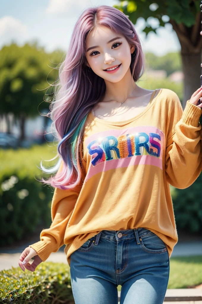 A photo-realistic image of a cute 19-year-old girl smiling brightly while making a cheerful 'See you tomorrow!' pose. The girl has a friendly and warm expression, with sparkling eyes and a natural, happy demeanor. She is wearing casual, trendy clothes suitable for her age, such as a light sweater and jeans. Her hair is colorful and styled neatly, with a modern and youthful look. The background is a simple, well-lit outdoor setting, like a park or street, to emphasize the natural and carefree atmosphere., ((colorful hair:1.3)),