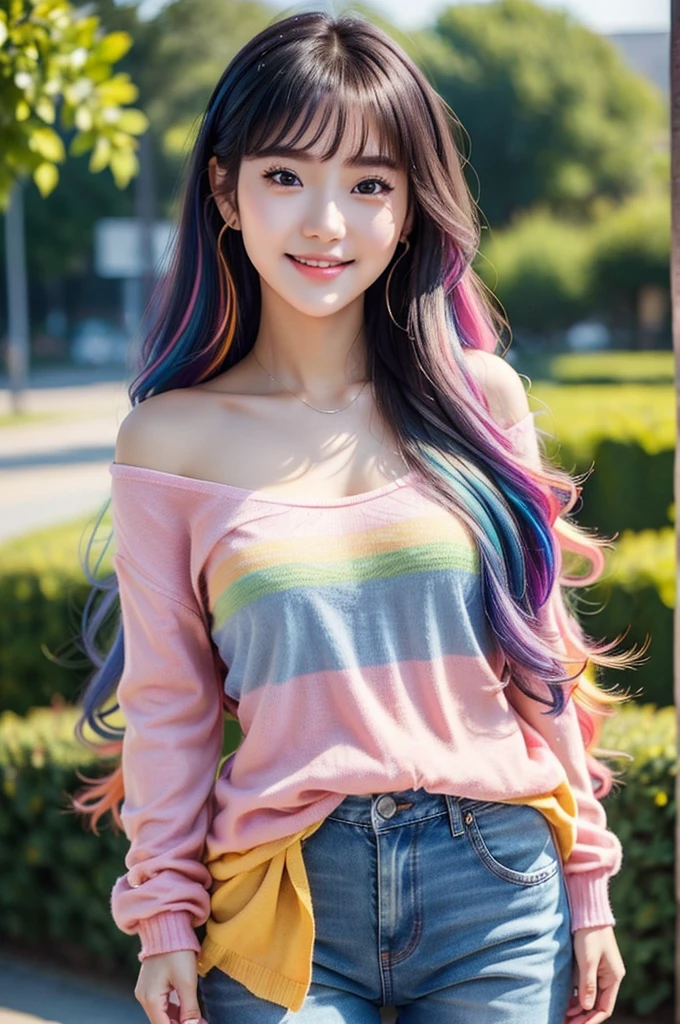 A photo-realistic image of a cute 19-year-old girl smiling brightly while making a cheerful 'See you tomorrow!' pose. The girl has a friendly and warm expression, with sparkling eyes and a natural, happy demeanor. She is wearing casual, trendy clothes suitable for her age, such as a light sweater and jeans. Her hair is colorful and styled neatly, with a modern and youthful look. The background is a simple, well-lit outdoor setting, like a park or street, to emphasize the natural and carefree atmosphere., ((colorful hair:1.3)),