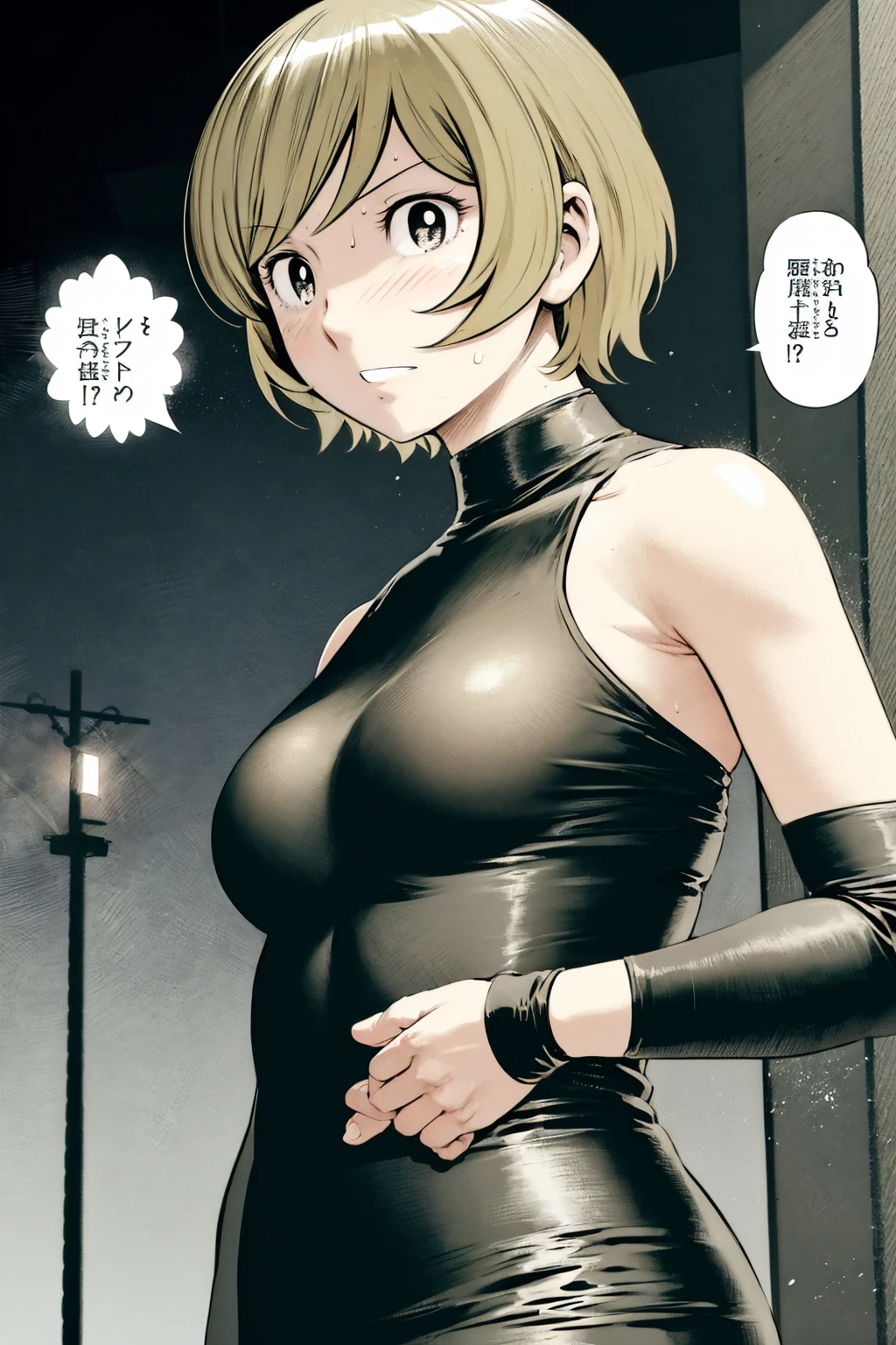 、(masterpiece、Highest quality)、Highest quality, Ultra-high resolution, (((masterpiece))), alone, Sweat、Big eyes, Please show me your armpits, No sleeve、Outdoor、Floral dress、Composition from the front、(Cut the back hair short、short hair、blonde、woman)、Shortcuts、Embarrassed face、Cut your hair short、可愛いwomanの子、Big Breasts