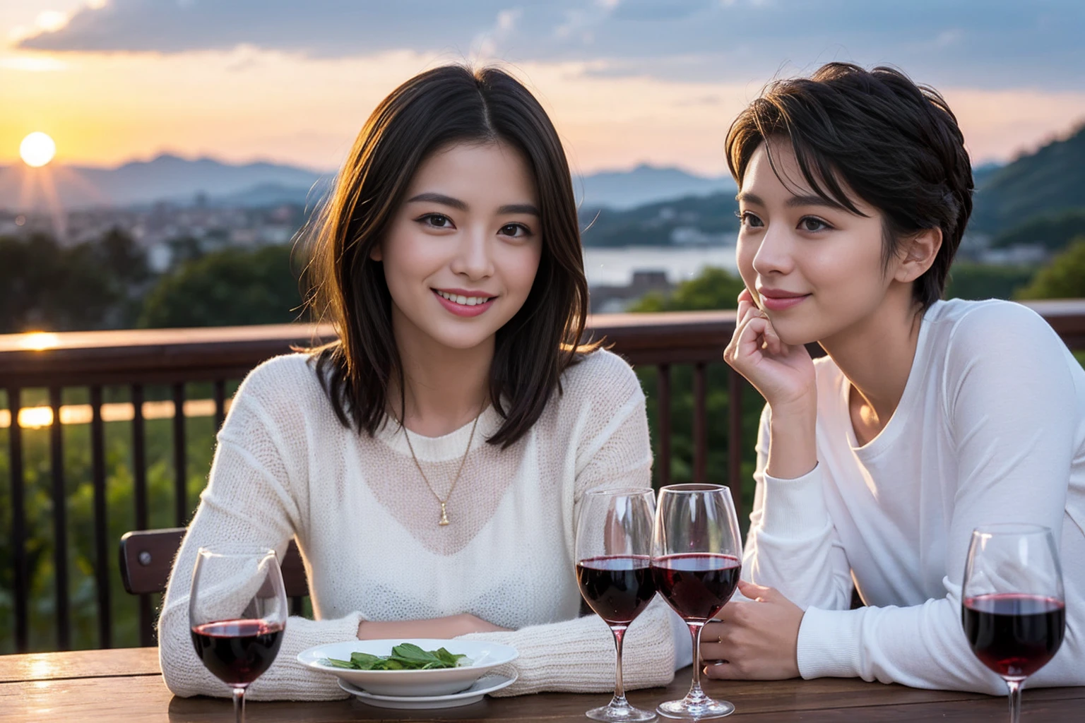 ((Highest quality、、masterpiece:1.3))、1 male 1 female,37 years old 39 years old、Slim Beauty、cute、Beautiful couple、Upper Body、smile、 (Slim face), (the body is スリム), (Brown Hair), (Shortcuts), テーブルのフルコースディナーとwine glass、Amazing view of the sunset sky and clouds、smileの美しさ、Wine bottle、sparkling wine、Long sleeve shirt、dress、White wine, red wine, wine glass, Beautiful fine grain, Depth f/2,saturation, High Contrast, Strong light and shadow,Moist Body:1.5、3D texture、The hair is very shiny、
