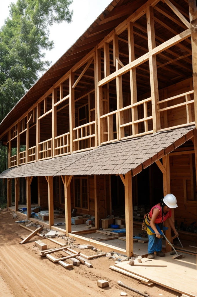 A woman building a house