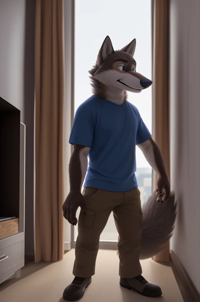 Larry (Zveropolis), wolf, Gray Fur, (brown body:1.3), Blue eyes, Zveropolis, dressed, t-shirt, pants,women&#39;s sandals толстой подошве,canine, wolf, detailed fur, male, antro, paw pads, finger claws, waving, waving at viewer, 5 fingers, paws, 4 toes,women&#39;s sandals, is sitting, 
BREAK from nextel, for dating, by xenoforge, (difficult, high detail, film photography, soft focus, RAW explicit cinema,home apartment, 
Photorealism, realistic, photorealistic, digital style, Subsurface scattering,
masterpiece, Best quality, ultra realistic, 8 k)