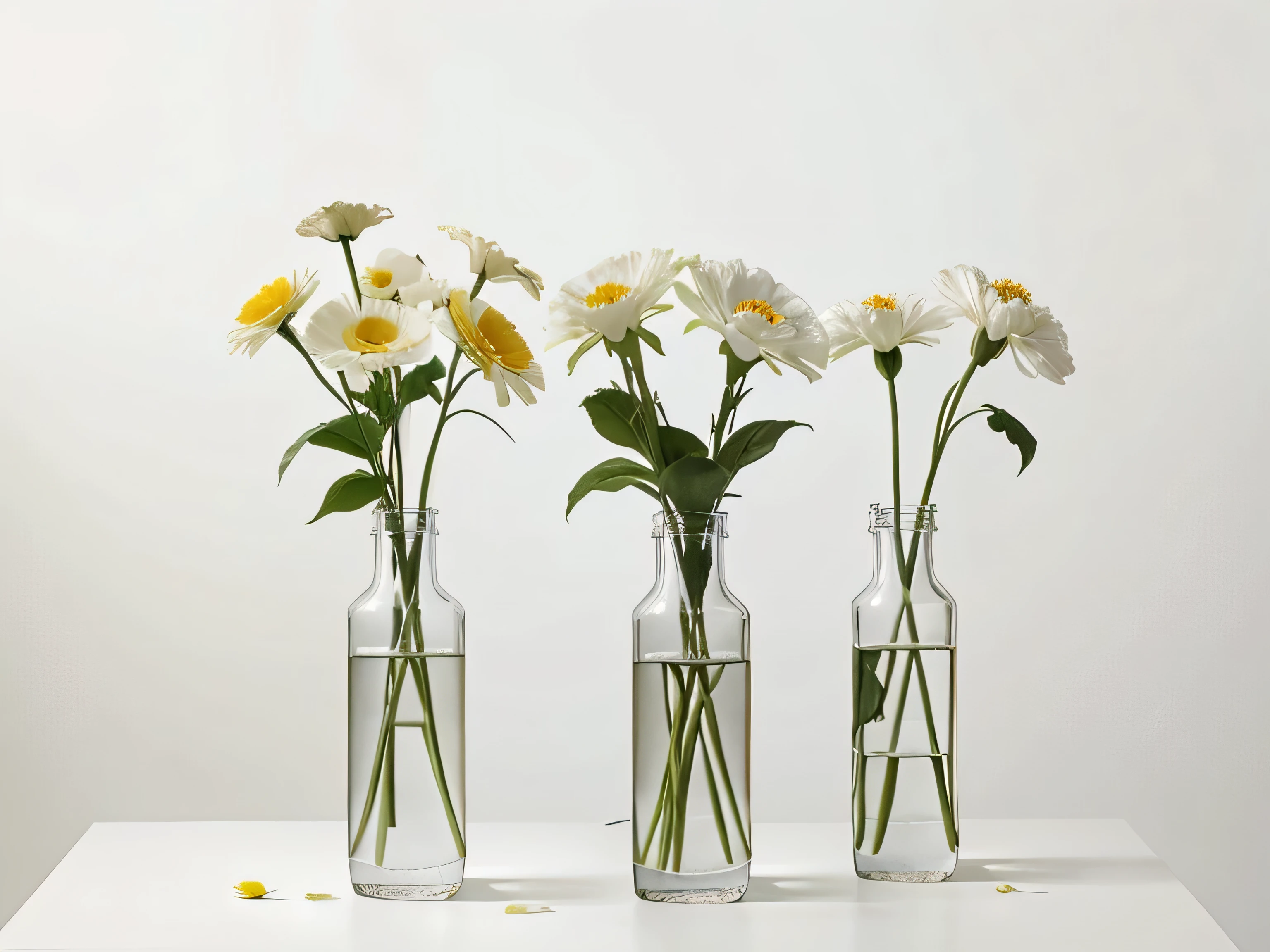 nobody, 20 different flowers are presented one by one, White background, bright colors, There is a white empty space at the top, No stem, There are no vases, no water