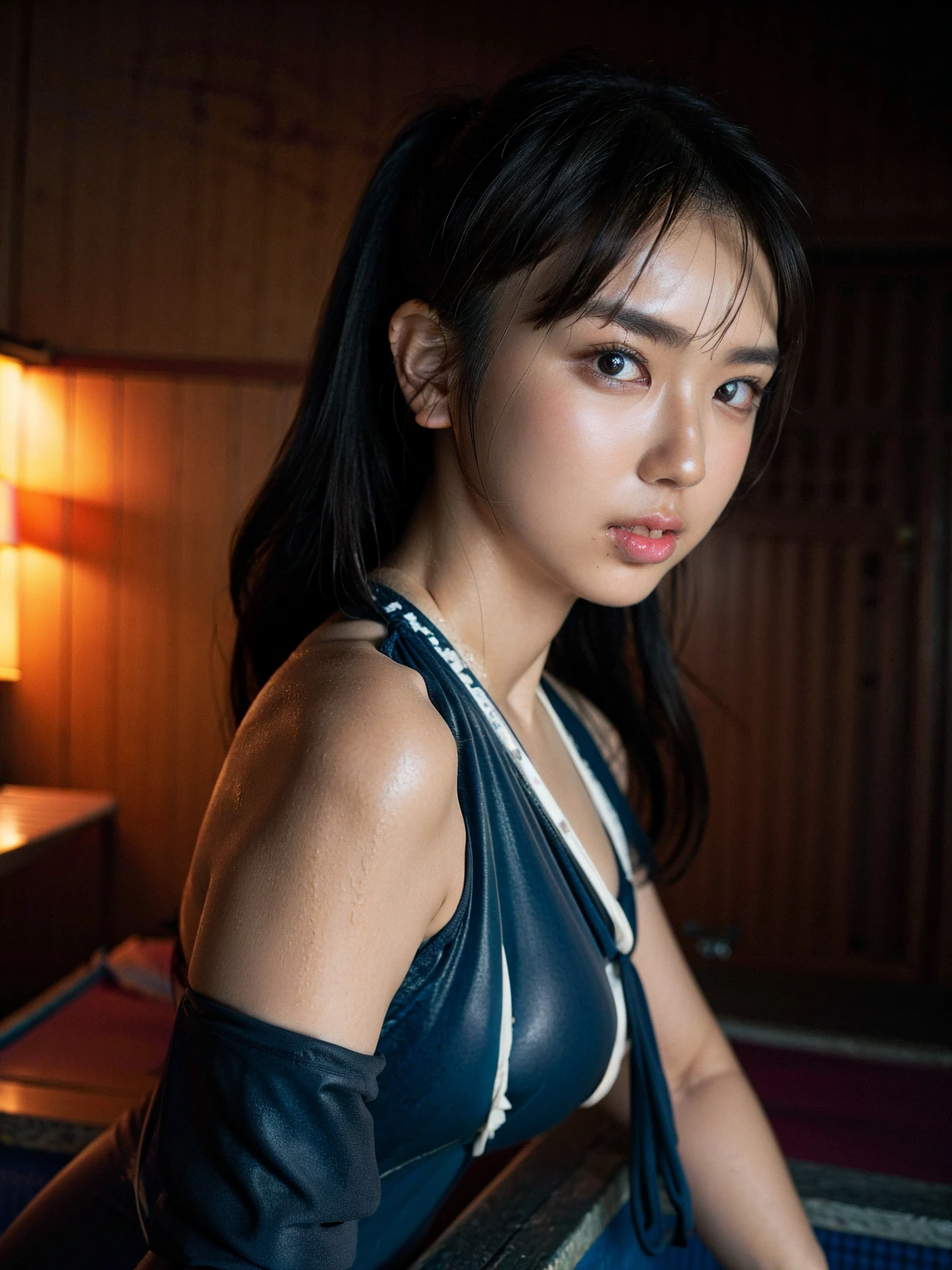 (aika-sawaguchi:0.9), (41k4:0.1), masterpiece, Best Quality, 8K, Raw photo, (wearing one piece swimsuit:1.5), top-notch quality, masterpiece, solo, (1 pretty Japanese girl), (wearing black stockings:1.2), exceptionally detailed RAW color photo, professional-grade photograph, (Realistic, Photorealistic:1.37), (highly detailed skin:1.2), Ultra-high resolution, (lens 50mm), (masterpiece, top-quality:1.3), (hyper realistic:1.35), (Photorealistic:1.45), (Realistic:1.4), (facing viewer:1.5), (looking at viewer:1.4), (1 beautiful girl), 21 years old, Japanese idol, supermodel, pale skin, (slim:1.3), (slim body:1.25), (slender body:1.25), (narrow waist:1.25), pretty face, (large breasts:1.15), (deep cleavage:1.2), gravure idol