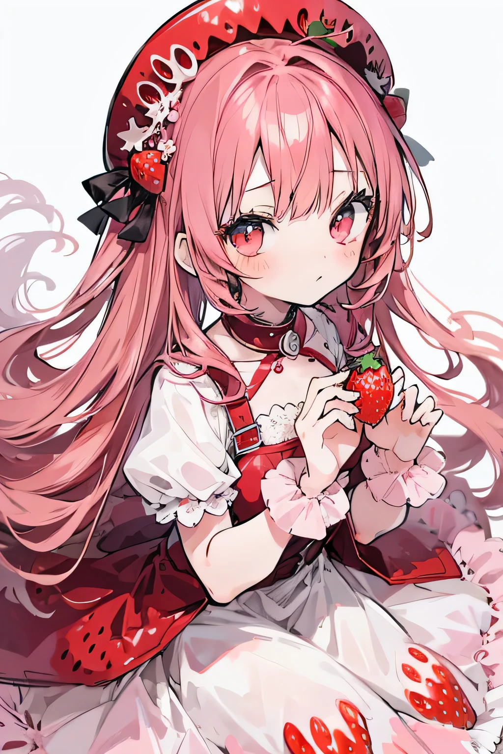 anime girl with long light red hair, brown eyes, adorable dress and accessories,masterpiece, 2D, ultra HD, something quality, ((pink Strawberry)).