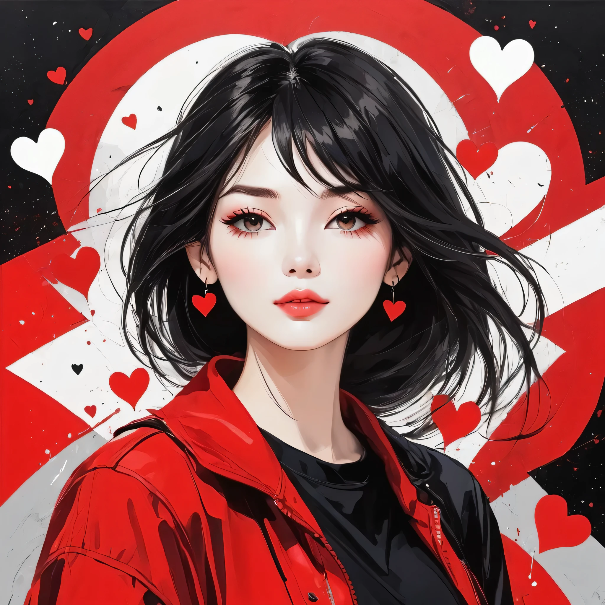 Black Star Red and White style, Simple Line Initialism,Abstract art,Urban Background, colorful hearts ,(((The most beautiful girl of all time))),
