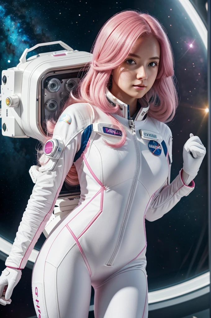 21yo girl,pink hair,long hair, (wearing astronout suit), (white astronout suit),(astronout suit), natural medium breast, show big thigh, plump body,single sidelock hairpin blush modern cinematic lighting,ray tracing,drop shadow wide shot UHD,textured skin,high details,best quality 4K
