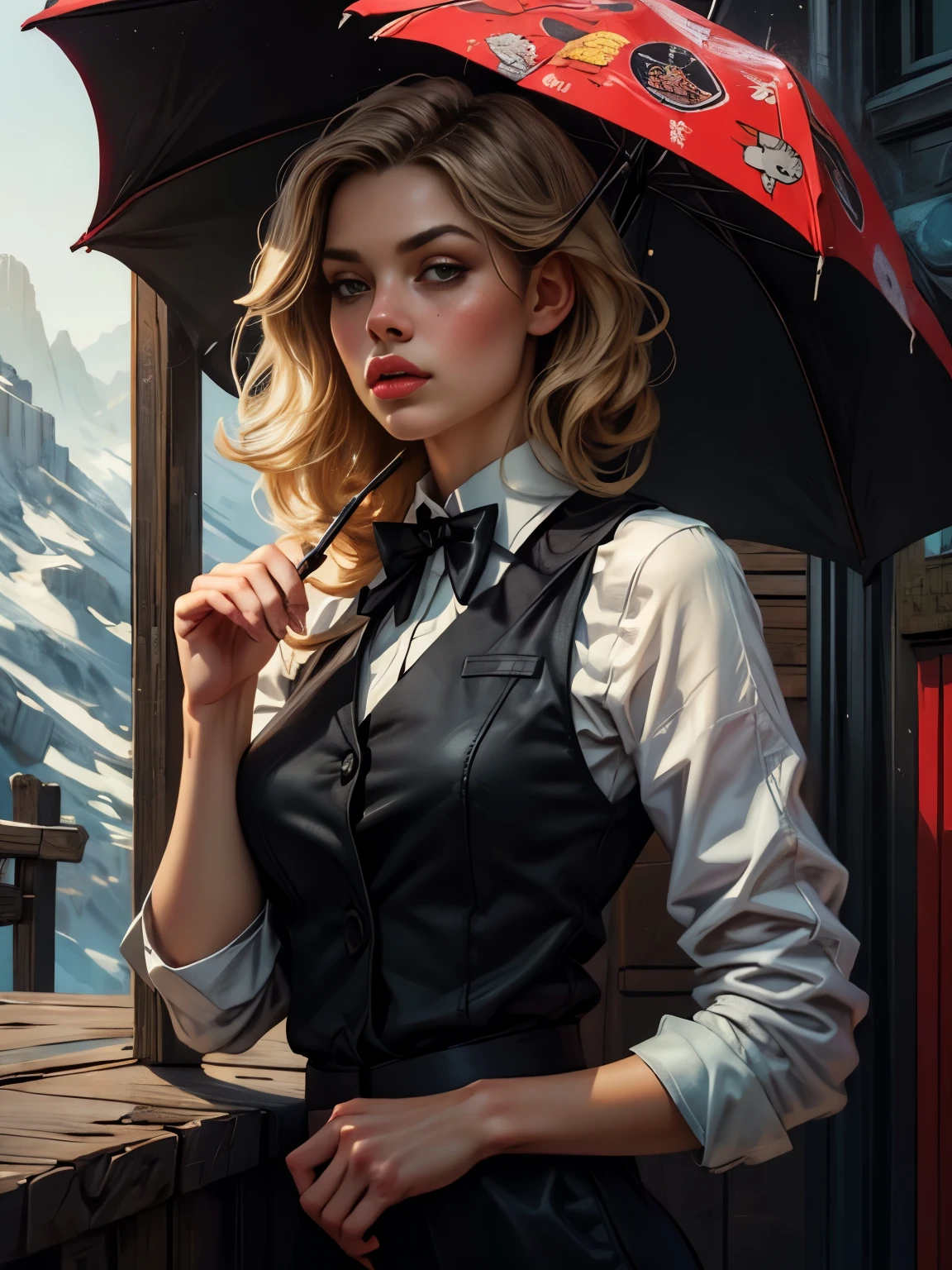 A remote mountain bar run by a wildcat monster.、A bartender smoking a cigarette under an umbrella outside the back door、Wearing a white shirt, black vest, black bow tie and black slacks、Ultra-realistic、8K、Very detailed、Dramatic lighting、Exquisite detail、Cinematic、Moody atmosphere、Dark and gritty、Sharp focus、Cinematic照明、Photorealistic、Super detailed、masterpiece、Super detailed、Extremely high quality、Realistic Textures、Accurate Details、Bright colors、Intense shadows and highlights、Moody colors、Dramatic Contrast、Cinematic構成、Professional Quality